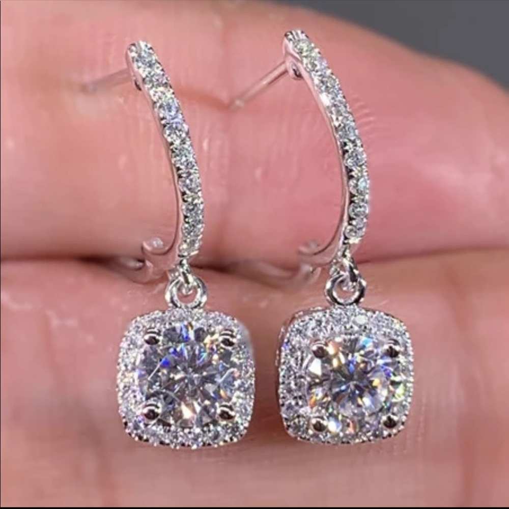 New Women’s925 Silver Diamond Square Drop Earrings - Picture 3 of 5